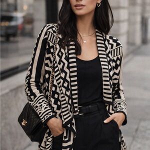 Geometric Open-Front Cardigan - Black & Cream